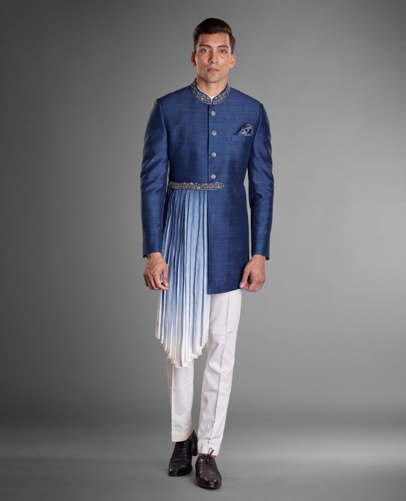 pleated bandhgala wedding outfit